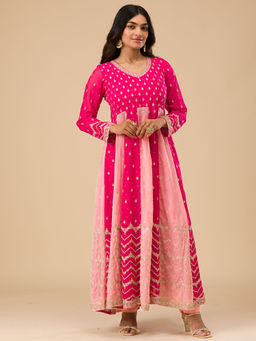 Koskii - Rani Pink Silver Zari Work Georgette Kurta with Trouser and Dupatta (Set of 3)