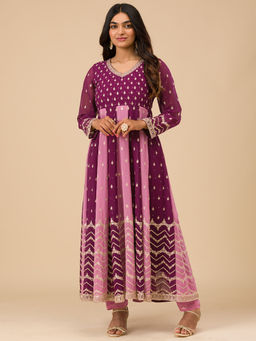 Koskii - Wine Silver Zari Work Georgette Kurta with Trouser and Dupatta (Set of 3)