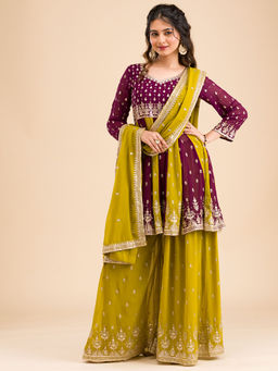 Koskii - Purple Zari Work Georgette Kurta with Palazzo and Dupatta (Set of 3)