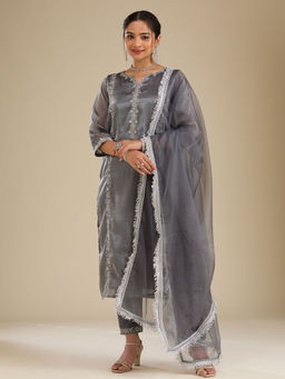 Koskii - Grey Zari Work Crepe Kurta with Trouser and Dupatta (Set of 3)