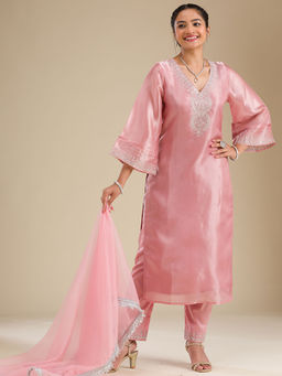 Koskii - Pink Zari Work Semi Crepe Kurta with Trouser and Dupatta (Set of 3)