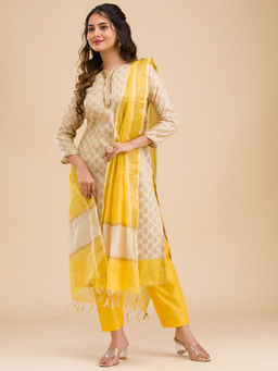 Koskii - Beige Banarasi Cotton Kurta with Trouser and Dupatta (Set of 3)