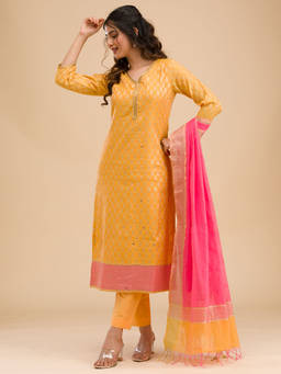 Koskii - Mustard Stonework Banarasi Kurta with Trouser and Dupatta (Set of 3)