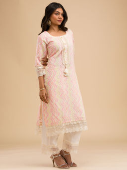 Koskii - Cream Cutwork Cotton Kurta with Trouser and Dupatta (Set of 3)