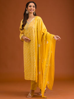 Koskii - Yellow Zari Work Semi Crepe Kurta and Trouser with Dupatta (Set of 3)