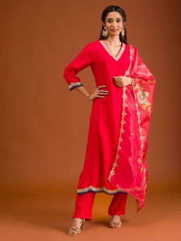 Koskii - Red Printed Semi Crepe Kurta and Trouser with Dupatta (Set of 3)