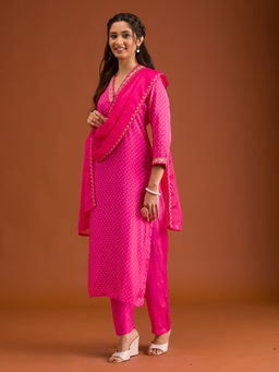 Koskii - Rani Pink Zari Work Georgette Kurta with Trouser and Dupatta (Set of 3)