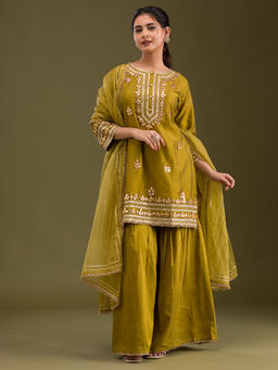 Koskii - Mehndi Green Zari Work Semi Crepe Kurta and Sharara with Dupatta (Set of 3)