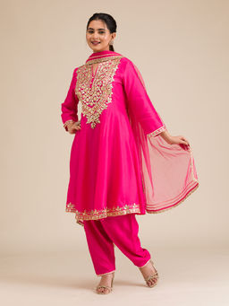 Koskii - Rani Pink Zari Work Semi Crepe Kurta and Trouser with Dupatta (Set of 3)