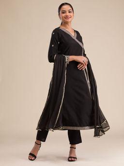 Koskii - Black Zari Work Semi Crepe Kurta and Trouser with Dupatta (Set of 3)