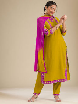 Koskii - Mehndi Green Thread Work Chiffon Kurta and Trouser with Dupatta (Set of 3)