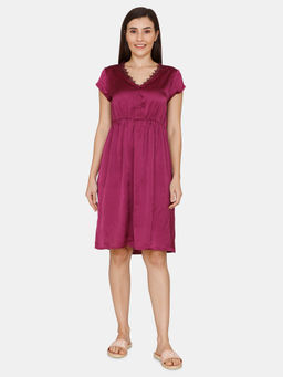 Zivame - Artsy Leaves Woven Knee Length Nightdress - Dark Purple