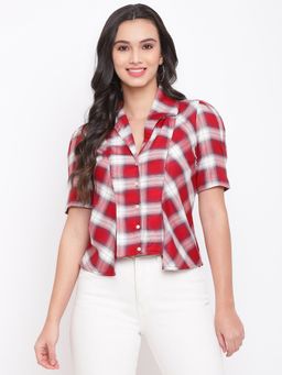 Latin Quarters - Red Checked Shirt Top with Pleats & Ruffles