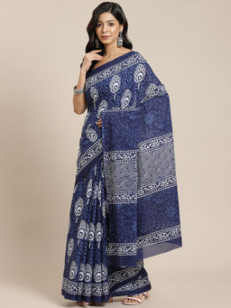 Yufta - Blue & White Ethnic Motifs Pure Cotton Block Print Saree with Unstitched Blouse