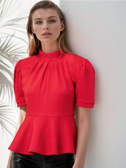 RARE - Casual Red Colour Choker Neck Solid Peplum Top