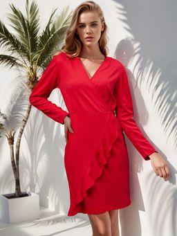 RARE - Casual Red Colour Knee Length Solid Dress