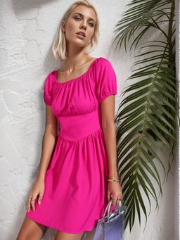 RARE - Casual Hot Pink Colour Back Smoking Mini Solid Dress