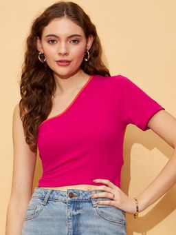 RARE - Casual Hot Pink Colour One Shoulder Colourblocked Styled Back Top