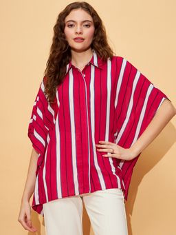 RARE - Casual Red Regular Fit Striped Kimono Sleeves Spread Collar Shirt