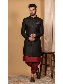 KISAH - Men Black Solid Cotton Blend Kurta Indowestern Sherwani Dhoti Set