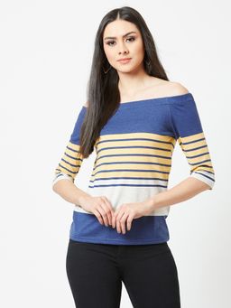 Miss Chase - Women's Multicolor Striped Bardot 3/4 Sleeve Off Shoulder Top