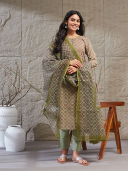 Fabindia - Green Floral Regular Kurta Pant with Dupatta