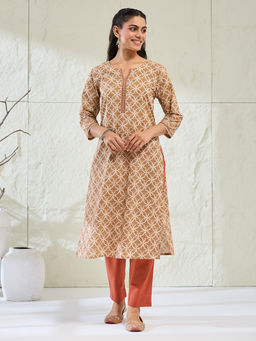 Fabindia - Beige Floral Regular Kurta & Pant