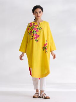 Rustorange - Yellow Floral Regular Kurta