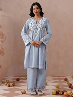 Kashmir Box - Blue Embroidered Regular Kurta & Pant