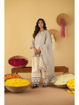Pink Cactii - Beige Floral Relaxed Kurti Salwar with Dupatta