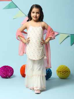 Biba - Cream Thread Work Embroidered Kurta with Sharara and Dupatta (Set of 3)