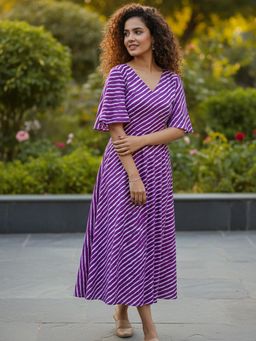 Varanga - Women Purple Breeze A-Line Leheriya Printed Dress
