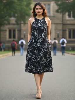 Varanga - Women Black Floral Printed Halter Neck A-Line Dress