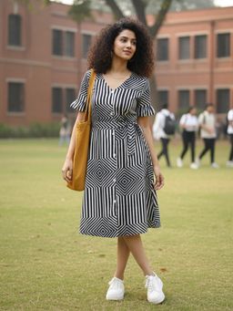 Varanga - Women Black-White Tailored Abstract Printed Dress with Belt