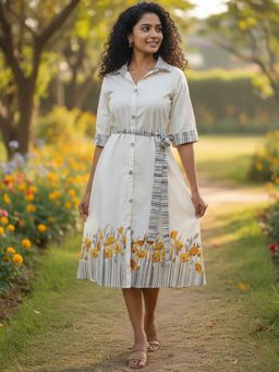 Varanga - Women Off White Floral Printed Shirt Style Dress with Belt