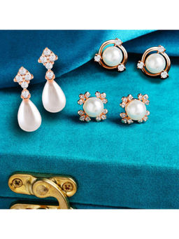 Zaveri Pearls - Set of 3 Rose Gold Contemporary Pearl Stud Earrings-ZPFK13471