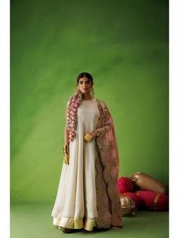 Kisakshi Jaipur - Off White Tissue Anarkali Dress with Pink Dupatta