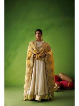 Kisakshi Jaipur - Off White Tissue Anarkali Dress with Yellow Dupatta