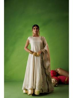 Kisakshi Jaipur - Off White Tissue Anarkali Dress with Dupatta