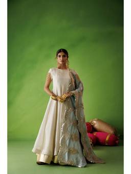 Kisakshi Jaipur - Off White Tissue Anarkali Dress with Blue Dupatta