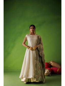Kisakshi Jaipur - Off White Tissue Anarkali Dress with Olive Dupatta