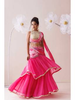 Kisakshi Jaipur - Pink Blouse with Lehenga and Attached Pallu