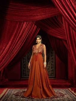 Sonia Baderia - Crimson Red Indo-Western Anarkali Gown with Embroidered Cape