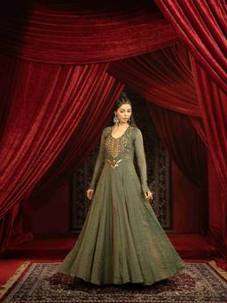 Sonia Baderia - Deep Forest Green Anarkali Gown and Embroidered Dupatta