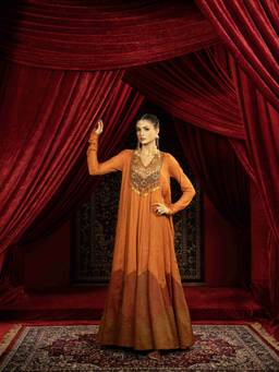 Sonia Baderia - Terracotta Rust Geometric Hemline Anarkali Gown