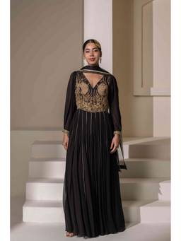 Rasasvada - Black Embroidered Anarkali Dress with Dupatta