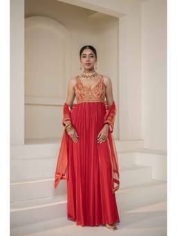 Rasasvada - Orange Embroidered Anarkali Dress with Dupatta