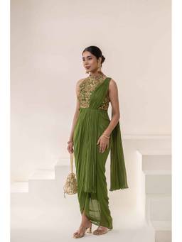 Rasasvada - Green Embroidered Drape Saree with Stitched Blouse
