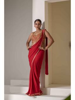 Rasasvada - Red Embroidered Drape Saree with Stitched Blouse