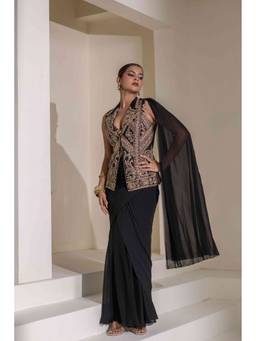 Rasasvada - Black Drape Saree with Stitched Blouse